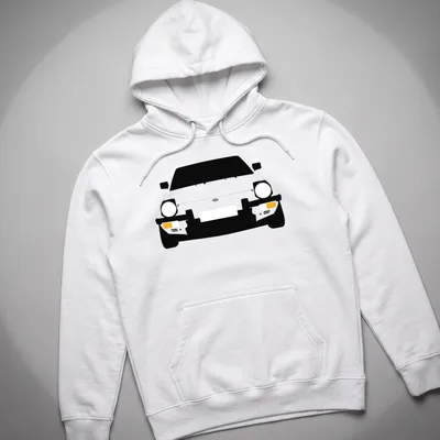 Minimalist illustration of a Fiat X19 car in black, white, and yellow — printed on a unisex hoodie