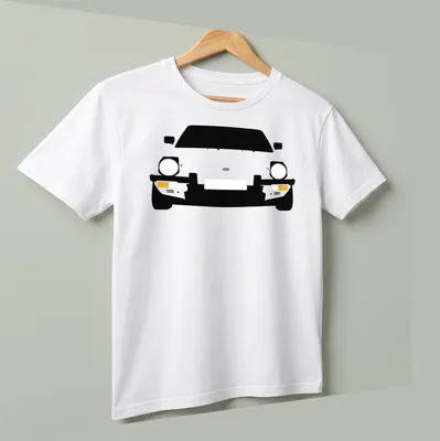 Minimalist illustration of a Fiat X19 car in black, white, and yellow — printed on a unisex t-shirt (angled view)