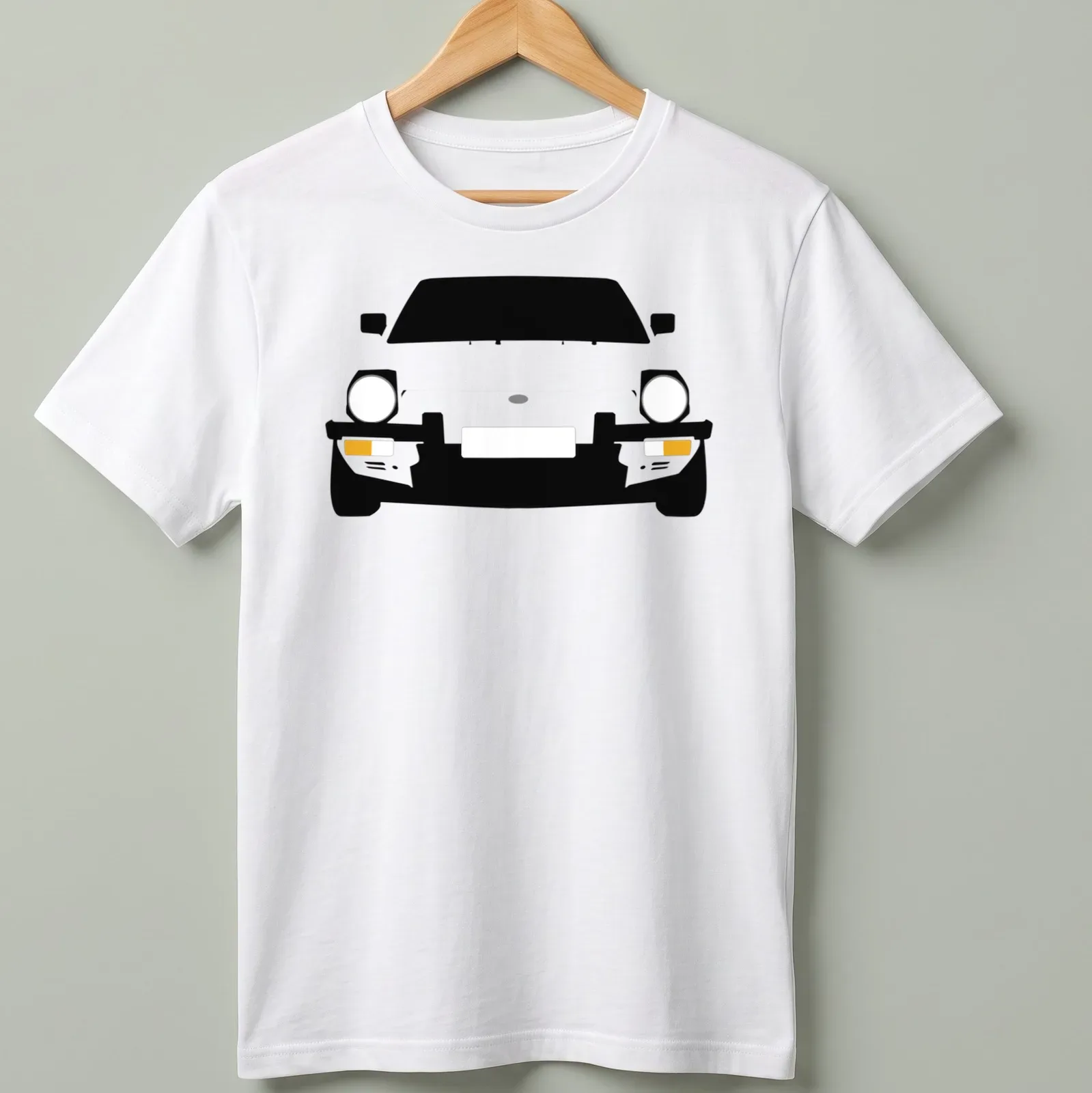 Minimalist illustration of a Fiat X19 car in black, white, and yellow — printed on a unisex t-shirt