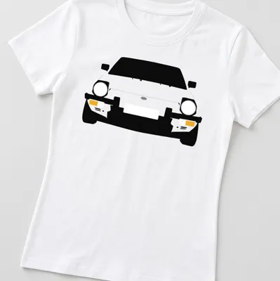 Minimalist illustration of a Fiat X19 car in black, white, and yellow — printed on a women's shirt
