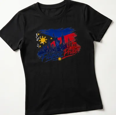 Vibrant graphic t-shirt featuring Filipino Pride with Statue of Liberty and NYC skyline — printed on a women's shirt