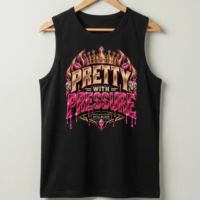 Illustration of a fiery crown with diamonds and text 'PRETTY WITH PRESSURE STILLBLAZE' — printed on a tank top