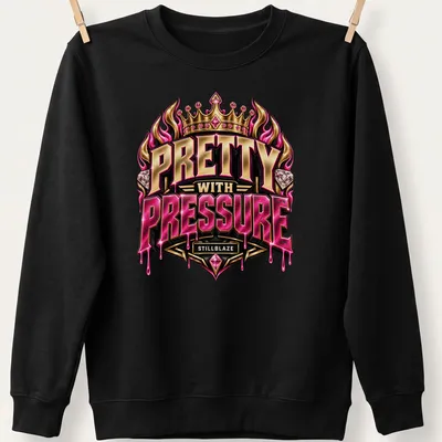 Illustration of a fiery crown with diamonds and text 'PRETTY WITH PRESSURE STILLBLAZE' — printed on a unisex sweatshirt