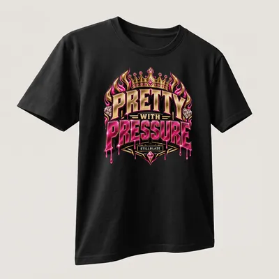 Illustration of a fiery crown with diamonds and text 'PRETTY WITH PRESSURE STILLBLAZE' — printed on a unisex t-shirt (angled view)
