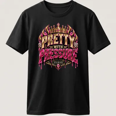 Illustration of a fiery crown with diamonds and text 'PRETTY WITH PRESSURE STILLBLAZE'