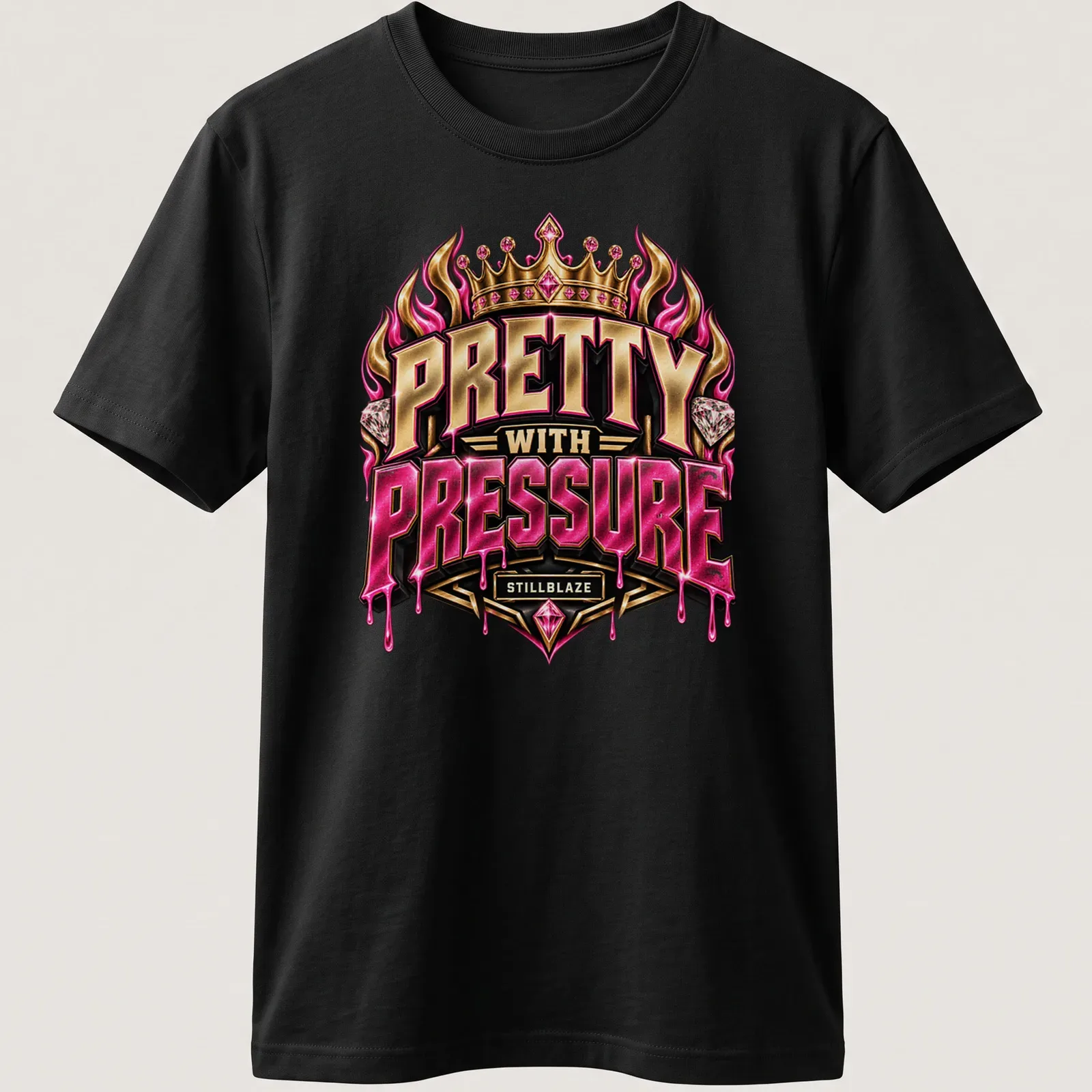 Illustration of a fiery crown with diamonds and text 'PRETTY WITH PRESSURE STILLBLAZE' — printed on a unisex t-shirt