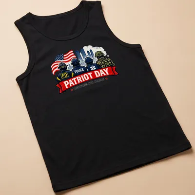 Vintage illustration of first responders with the text 'Patriot Day Honoring Our Heroes' in bold colors. — printed on a tank top