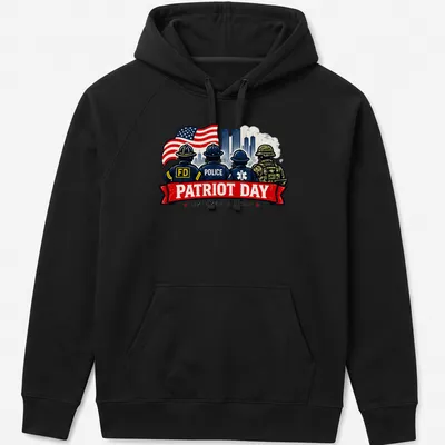 Vintage illustration of first responders with the text 'Patriot Day Honoring Our Heroes' in bold colors. — printed on a unisex hoodie