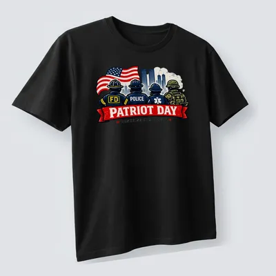 Vintage illustration of first responders with the text 'Patriot Day Honoring Our Heroes' in bold colors. — printed on a unisex t-shirt (angled view)