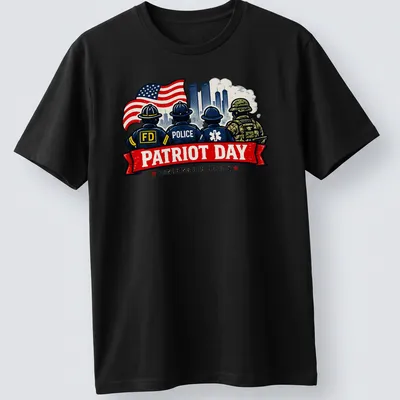 Vintage illustration of first responders with the text 'Patriot Day Honoring Our Heroes' in bold colors.