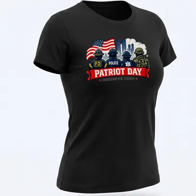 Vintage illustration of first responders with the text 'Patriot Day Honoring Our Heroes' in bold colors. — printed on a women's shirt