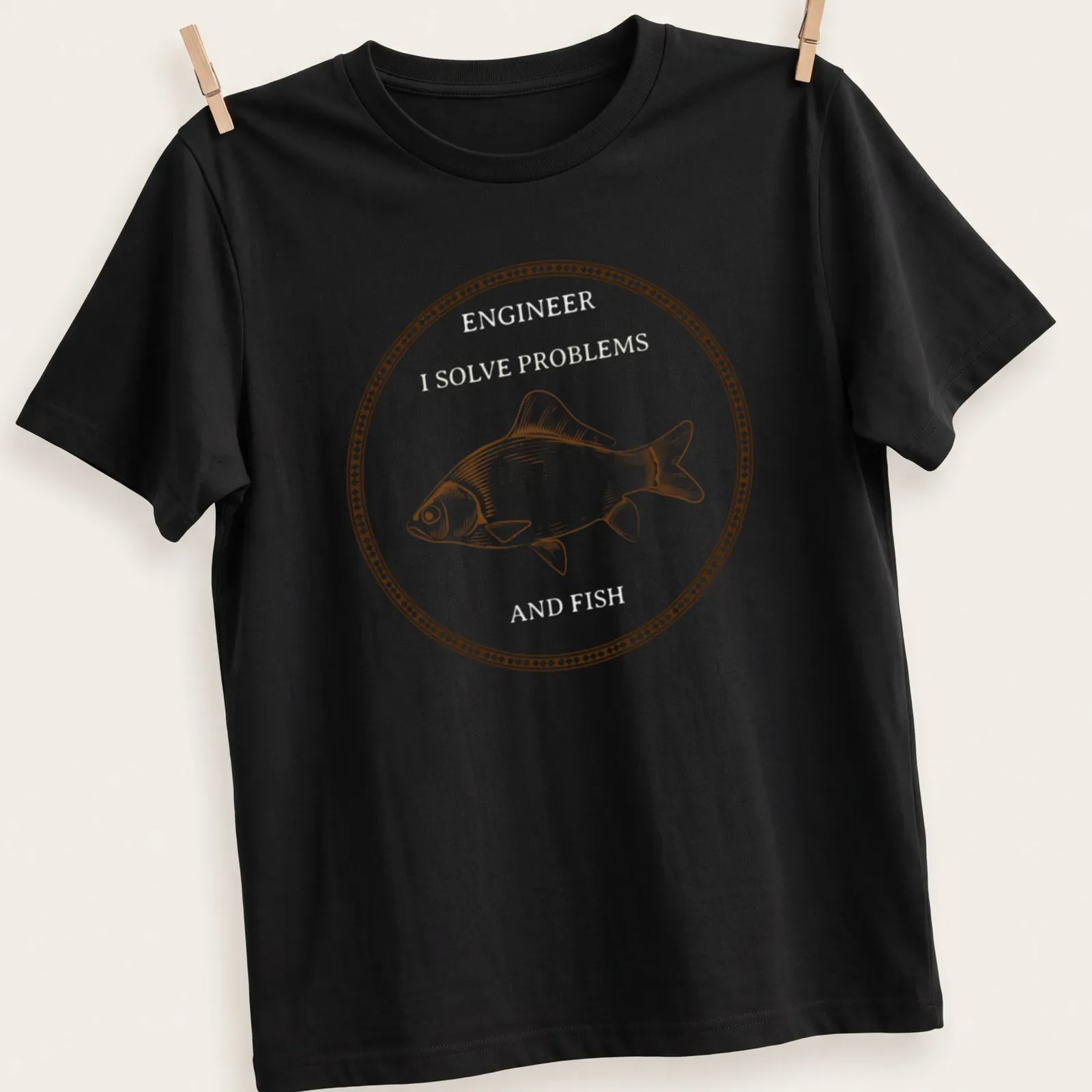 Vintage line-art tee featuring a fish and the text 'I SOLVE PROBLEMS' in brown and white — printed on a unisex t-shirt