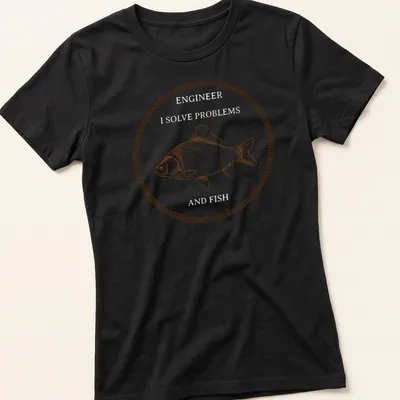 Vintage line-art tee featuring a fish and the text 'I SOLVE PROBLEMS' in brown and white — printed on a women's shirt
