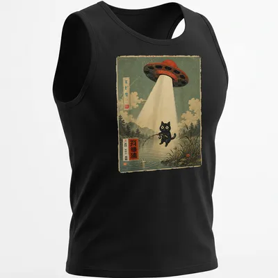 Vintage print of a fishing cat being abducted by a UFO with colorful details — printed on a tank top