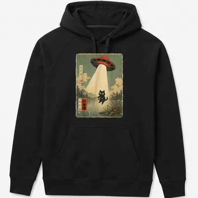 Vintage print of a fishing cat being abducted by a UFO with colorful details — printed on a unisex hoodie