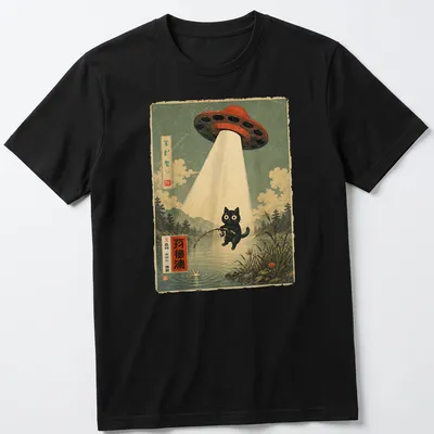 Vintage print of a fishing cat being abducted by a UFO with colorful details