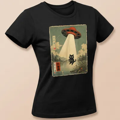 Vintage print of a fishing cat being abducted by a UFO with colorful details — printed on a women's shirt
