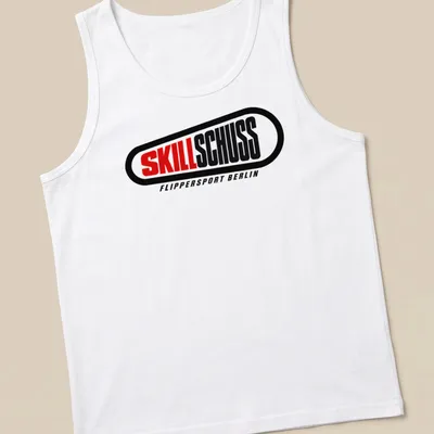 Bold modern t-shirt displaying the Skillschuss Flippersport Berlin logo in black, red, and white. — printed on a tank top