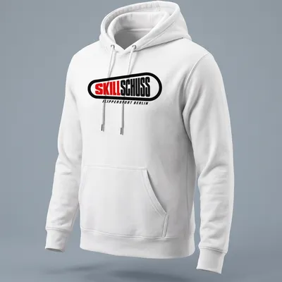 Bold modern t-shirt displaying the Skillschuss Flippersport Berlin logo in black, red, and white. — printed on a unisex hoodie