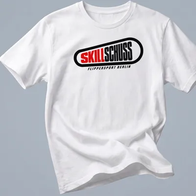 Bold modern t-shirt displaying the Skillschuss Flippersport Berlin logo in black, red, and white.