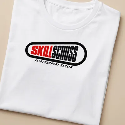 Bold modern t-shirt displaying the Skillschuss Flippersport Berlin logo in black, red, and white. — printed on a women's shirt