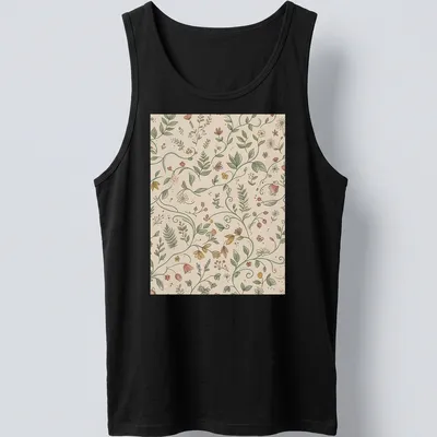 Seamless floral pattern t-shirt in beige, green, pink, yellow, and orange — printed on a tank top