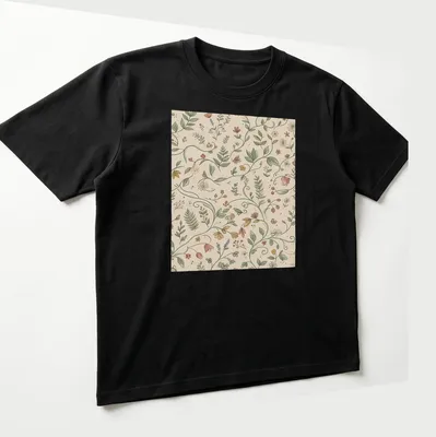 Seamless floral pattern t-shirt in beige, green, pink, yellow, and orange — printed on a unisex t-shirt (angled view)