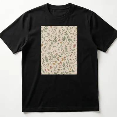 Seamless floral pattern t-shirt in beige, green, pink, yellow, and orange