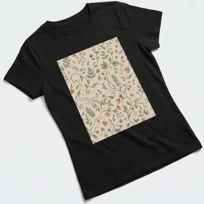 Seamless floral pattern t-shirt in beige, green, pink, yellow, and orange — printed on a women's shirt