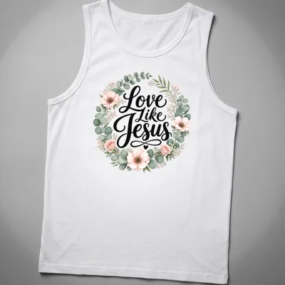 Floral wreath design with the text 'Love Like Jesus' in modern script — printed on a tank top