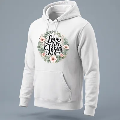 Floral wreath design with the text 'Love Like Jesus' in modern script — printed on a unisex hoodie