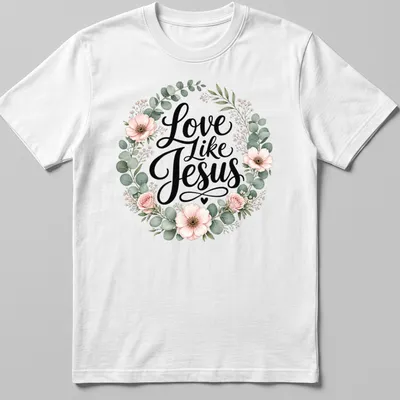 Floral wreath design with the text 'Love Like Jesus' in modern script