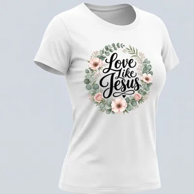 Floral wreath design with the text 'Love Like Jesus' in modern script — printed on a women's shirt