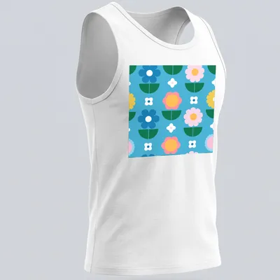 Colorful flower pattern in blue, pink, yellow, green, and white on a T-shirt. — printed on a tank top