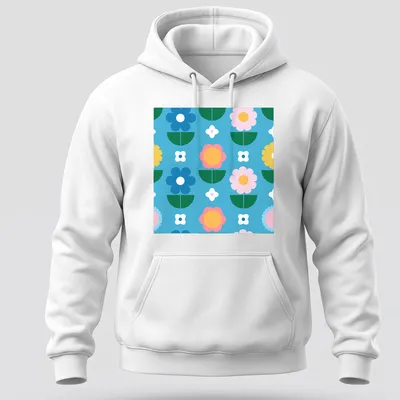Colorful flower pattern in blue, pink, yellow, green, and white on a T-shirt. — printed on a unisex hoodie