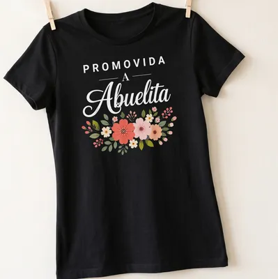 Whimsical floral arrangement with the text 'PROMOVIDA A Abuelita' above it — printed on a women's shirt