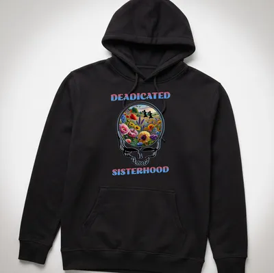 Colorful T-shirt featuring a flower skull with two girls and the text Deadicated Sisterhood. — printed on a unisex hoodie