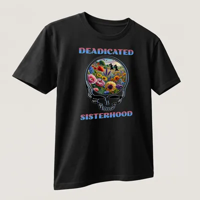 Colorful T-shirt featuring a flower skull with two girls and the text Deadicated Sisterhood. — printed on a unisex t-shirt (angled view)