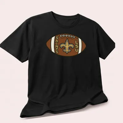 Cartoon-style LSU Saints football t-shirt with playful colors and design. — printed on a unisex t-shirt (angled view)
