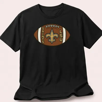 Cartoon-style LSU Saints football t-shirt with playful colors and design.