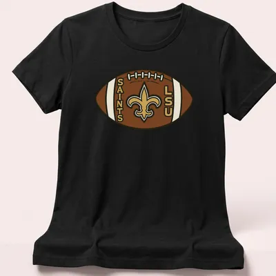 Cartoon-style LSU Saints football t-shirt with playful colors and design. — printed on a women's shirt