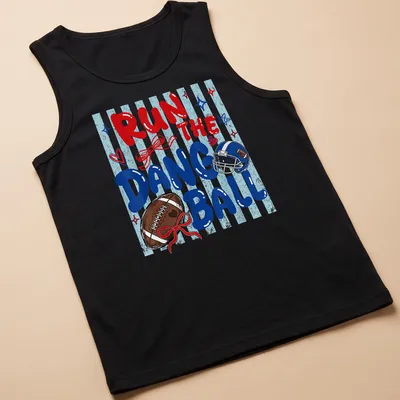 Football Mom t-shirt featuring preppy stripes and bold text about cheering for the team. — printed on a tank top