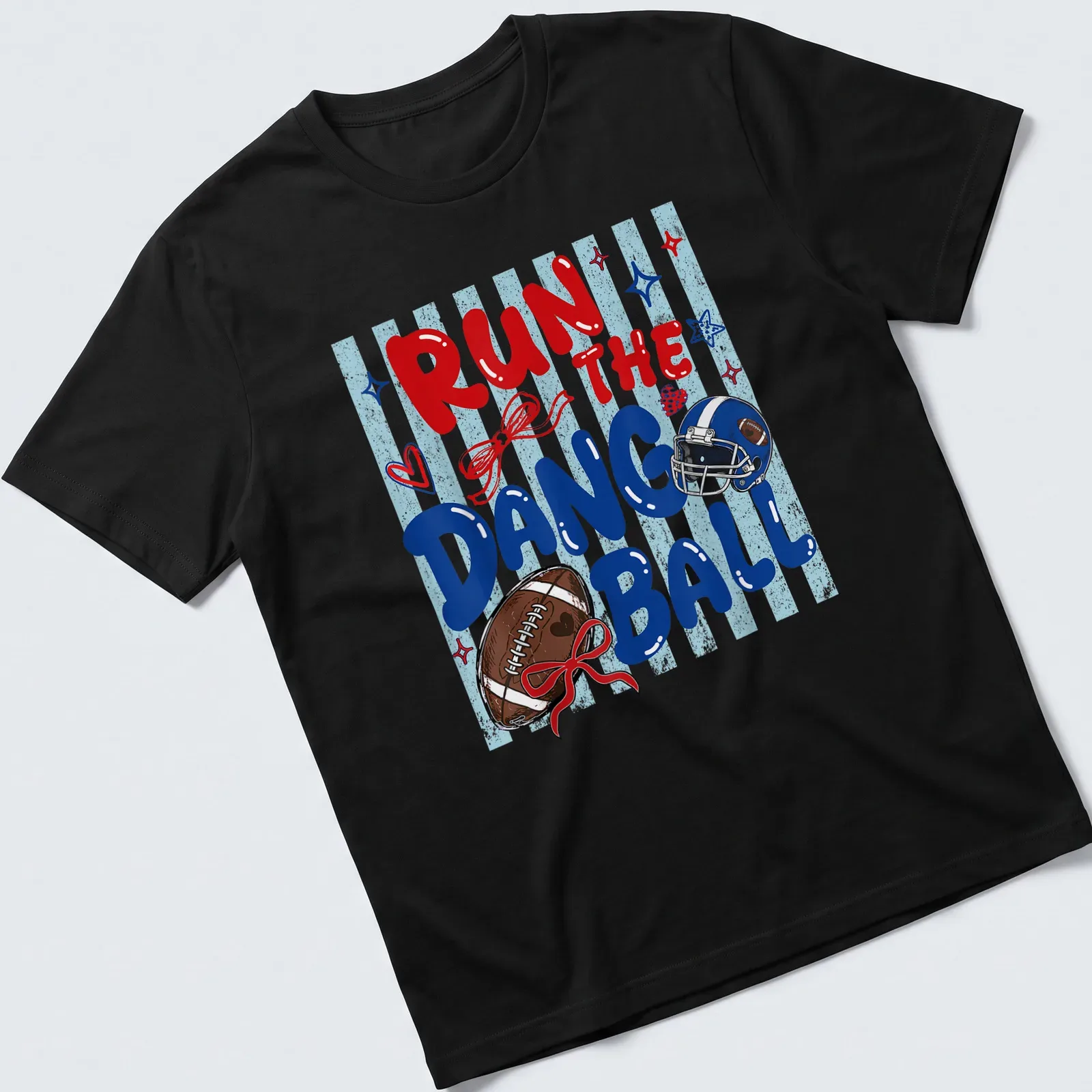 Football Mom t-shirt featuring preppy stripes and bold text about cheering for the team. — printed on a unisex t-shirt
