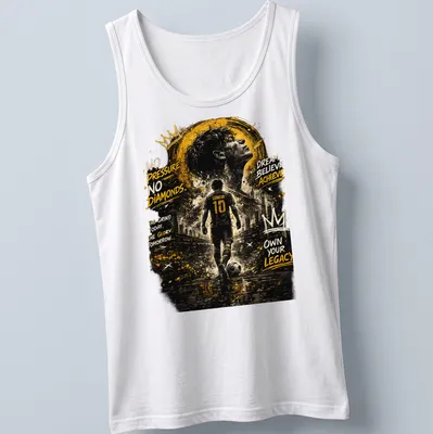 Grunge artistic t-shirt with inspirational text and football player imagery in black, gold, white, and gray — printed on a tank top