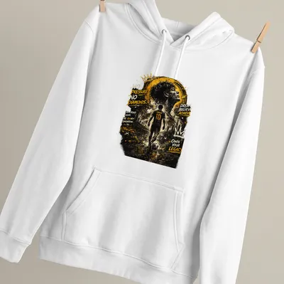 Grunge artistic t-shirt with inspirational text and football player imagery in black, gold, white, and gray — printed on a unisex hoodie