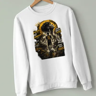 Grunge artistic t-shirt with inspirational text and football player imagery in black, gold, white, and gray — printed on a unisex sweatshirt