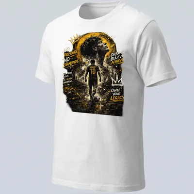 Grunge artistic t-shirt with inspirational text and football player imagery in black, gold, white, and gray