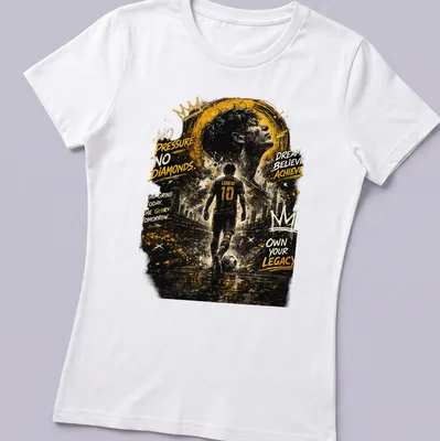 Grunge artistic t-shirt with inspirational text and football player imagery in black, gold, white, and gray — printed on a women's shirt