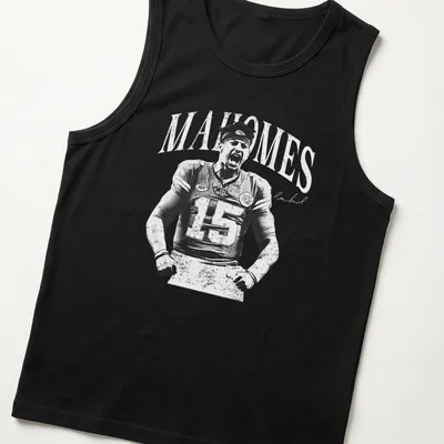 Vintage print tee featuring the name MAHOMES in bold font — printed on a tank top
