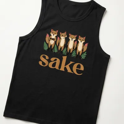 Cartoon design with four playful foxes and the text 'sake' in brown, cream, green, and pink. — printed on a tank top